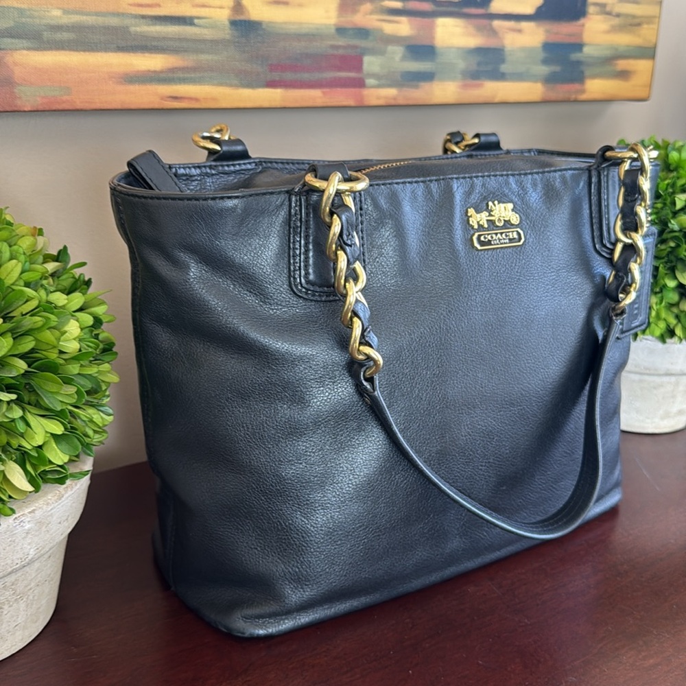 COACH MADISON 🖤💜BLACK💜🖤 PEBBLED LEATHER SHOULDER TOTE BAG 🌟EUC🌟 - Picture 5 of 17
